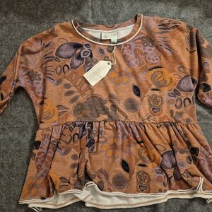 Anthropologie Rust Floral Peplum Top with Lavender and Gold Accents